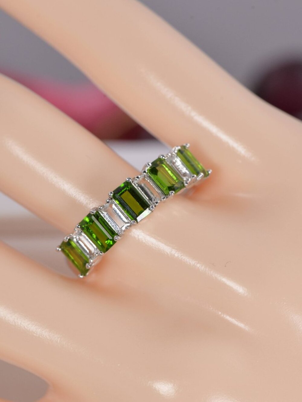 Natural Chrome Diopside White Topaz Band Ring Real 925 Sterling Silver